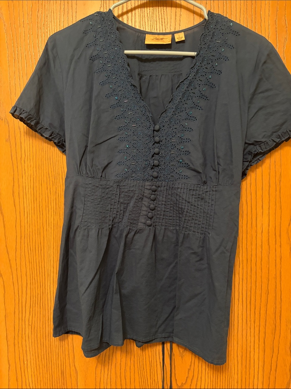 Navy Embroidered V-Neck Button Front Top